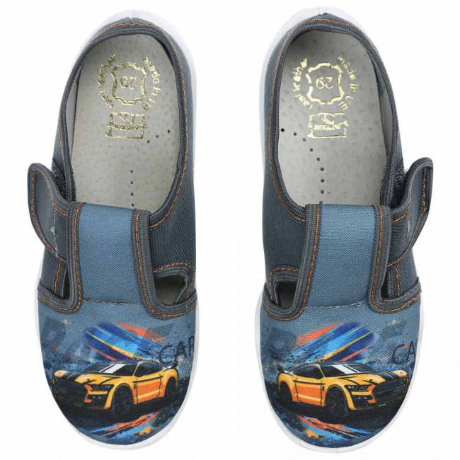 Borys B25 1 3a kapcie buty chlopiece niebiesko szare pomaranczowe kolorowe szybkie auto raweks