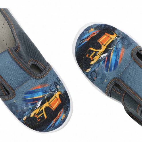 Borys B25 1 3a kapcie buty chlopiece niebiesko szare pomaranczowe kolorowe szybkie auto raweks
