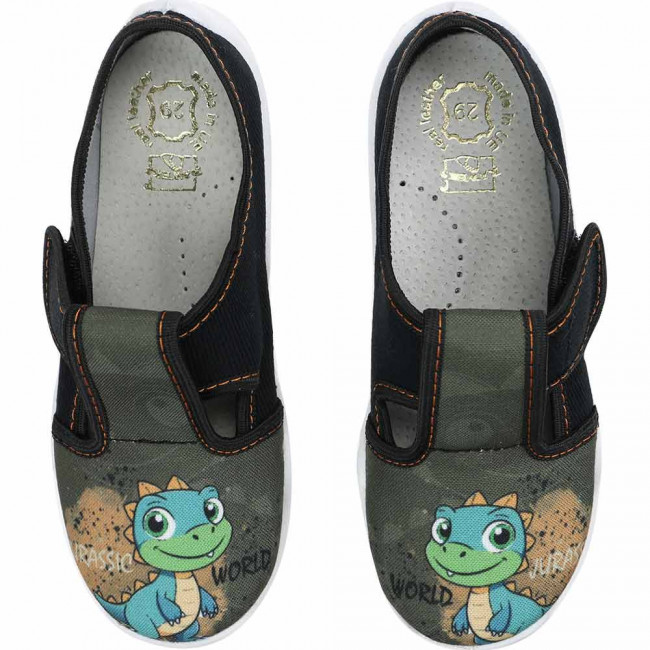 kapcie buty dzieciece do przedszkola i zlobka czarno bezowe z dinozaurem Raweks Borys B23