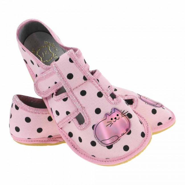 kapcie-buty-dziewczece-barefoot-rozowe-w-groszki-z-kotkiem-Raweks-Zuzia-Z22