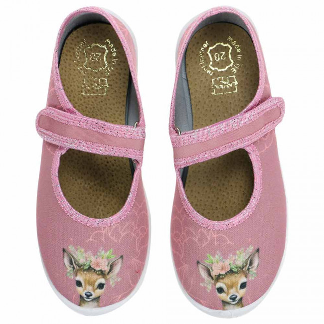 kapcie buty ciapy pantofle dziewczece beżowe brudny pudrowy roz z sarenka jelonek kwiaty piwonie Raweks Dorotka D43 (1)