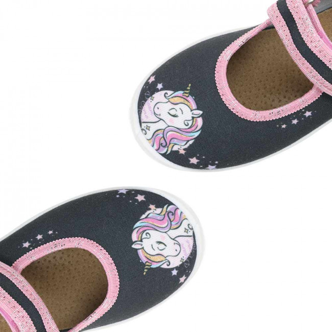 DorotkaD41 kapcie buty dziewczęce do przedszkola grafitowo rozowe z jednorozcem