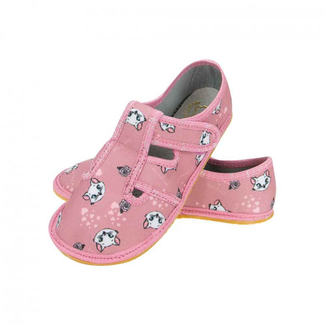 kapcie-buty-dziewczęce-barefoot-rozowe-pudrowe-w-biale-kotki 2